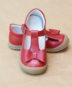 L'Amour Girls Red Leather T-Strap Bow Mary Jane